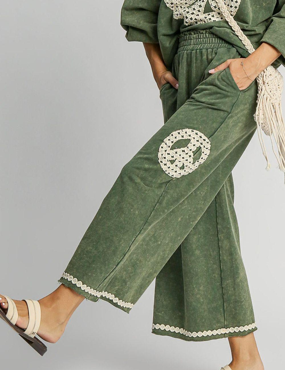 Umgee Green Peace Lace Applique Mineral Wash Wide Leg Pants | Pants Daverri Fashions