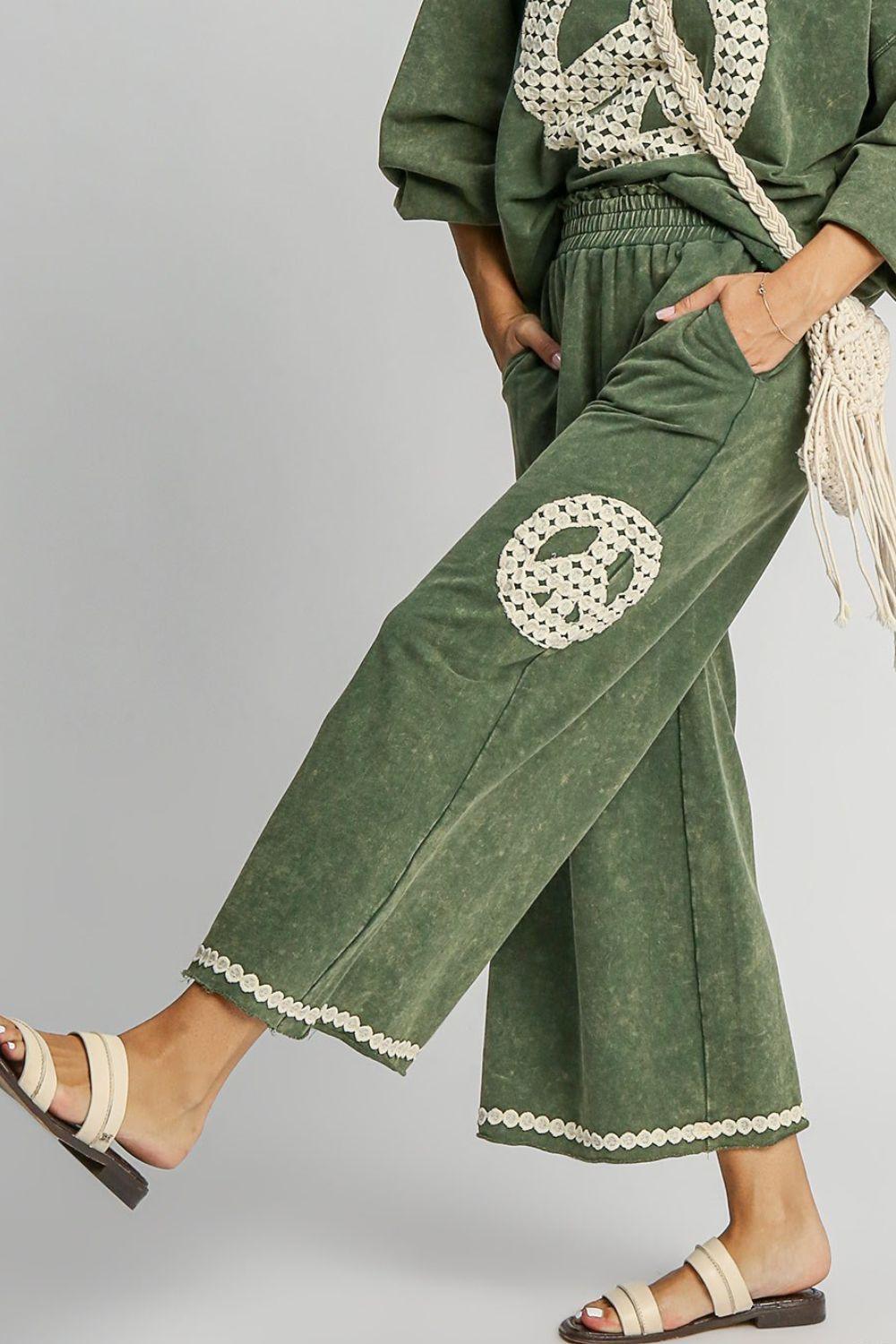 Umgee Green Peace Lace Applique Mineral Wash Wide Leg Pants | Pants Daverri Fashions