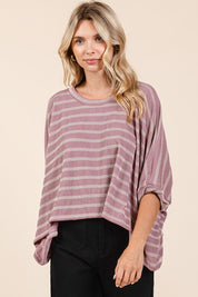 Mittoshop Texture Striped Print Round Neck Dolman Sleeve Top