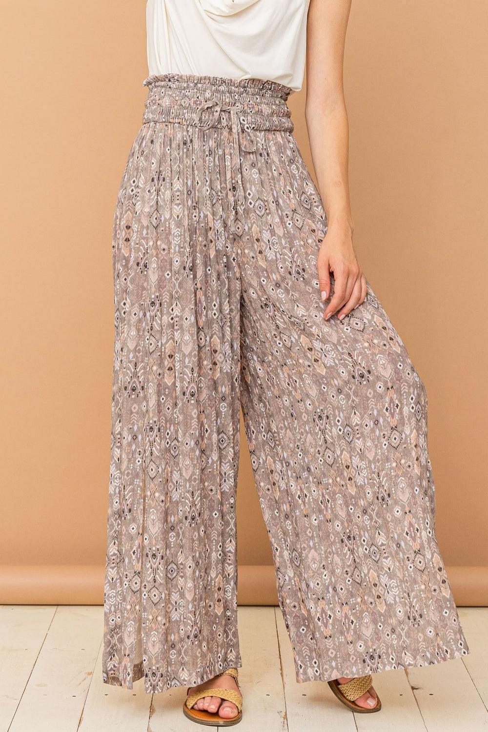 And The Why Printed Smocked Waist Slit Wide Leg Pants - DAVERRI FASHIONS