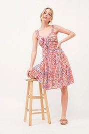 And The Why Tied Front Smocked Back Tiered Boho Printed Dress | Knee Length Dresses Daverri Fashions