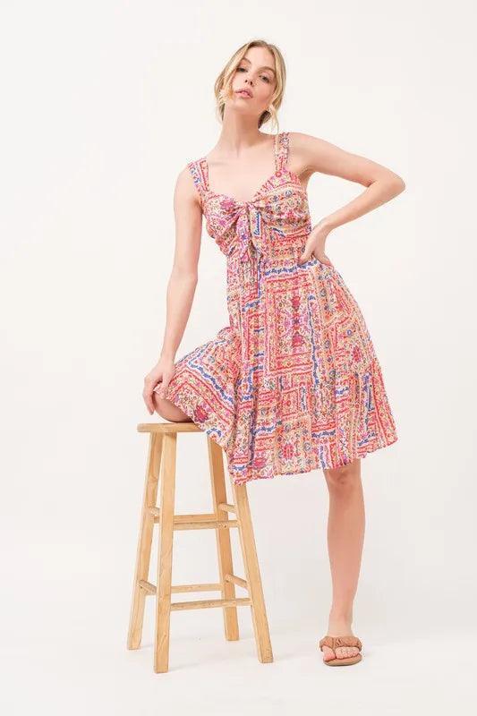 And The Why Tied Front Smocked Back Tiered Boho Printed Dress - DAVERRI FASHIONS