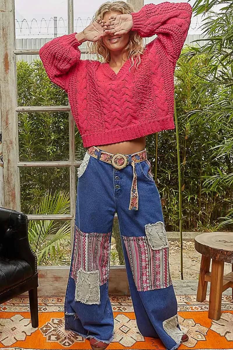 POL Cable-Knit Solid V-Neck Cropped Sweater - DAVERRI FASHIONS