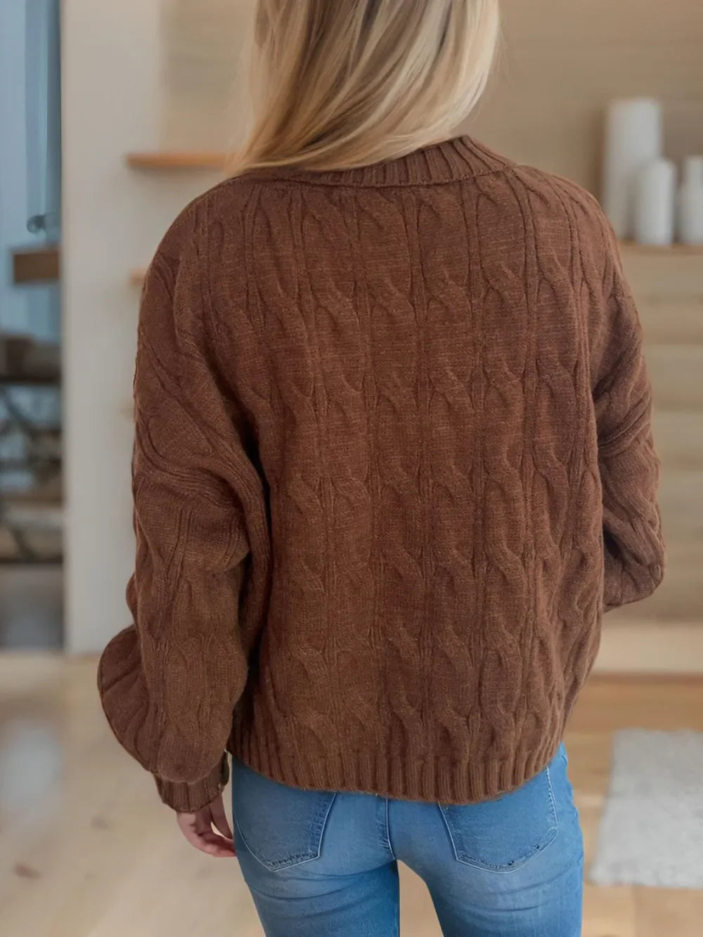 Brown cable-knit turtleneck long sleeve cardigan sweater