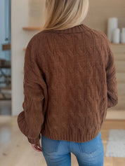 Brown cable-knit turtleneck long sleeve cardigan sweater