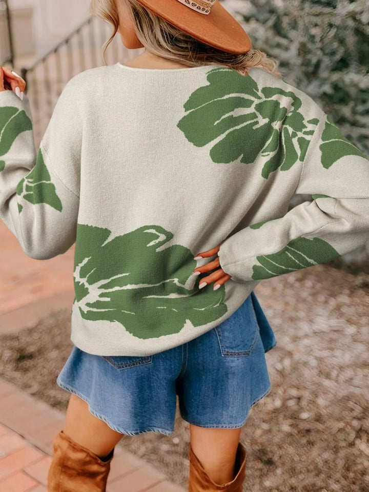 Leaf Round Neck Long Sleeve Sweater | Sweaters Daverri Fashions