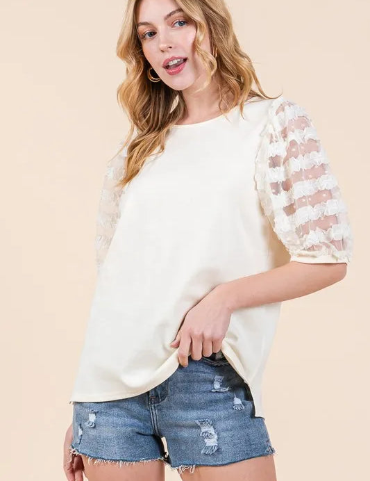 CREAM Lime 'N' Chili Full Size Lace Puff Sleeve Round Neck Top Plus Size | Tops Daverri Fashions