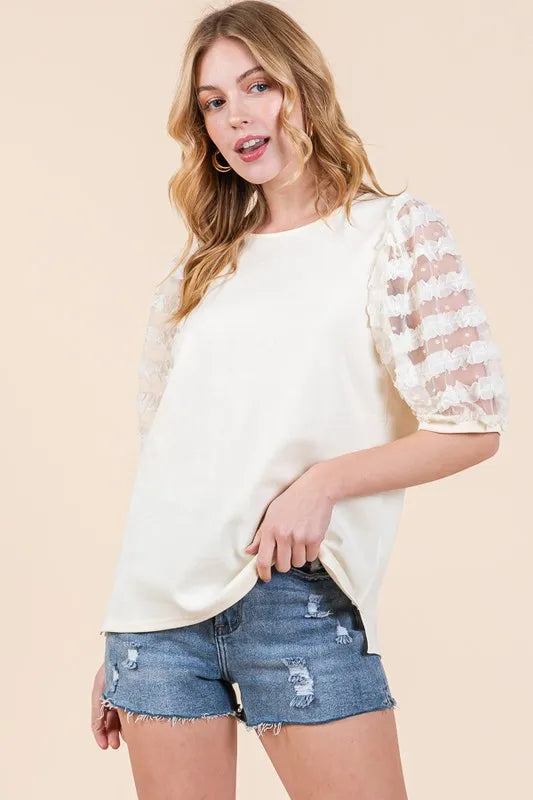 Lime 'N' Chili Full Size Lace Puff Sleeve Round Neck Top Plus Size CREAM