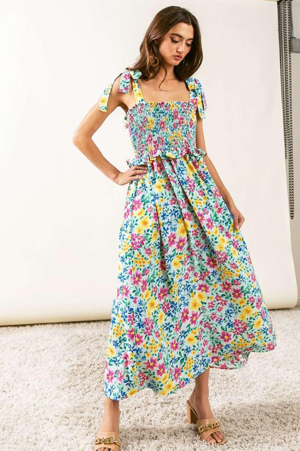 BiBi Floral Ruffle Trim Smocked Cami Dress Mint Midi Dresses