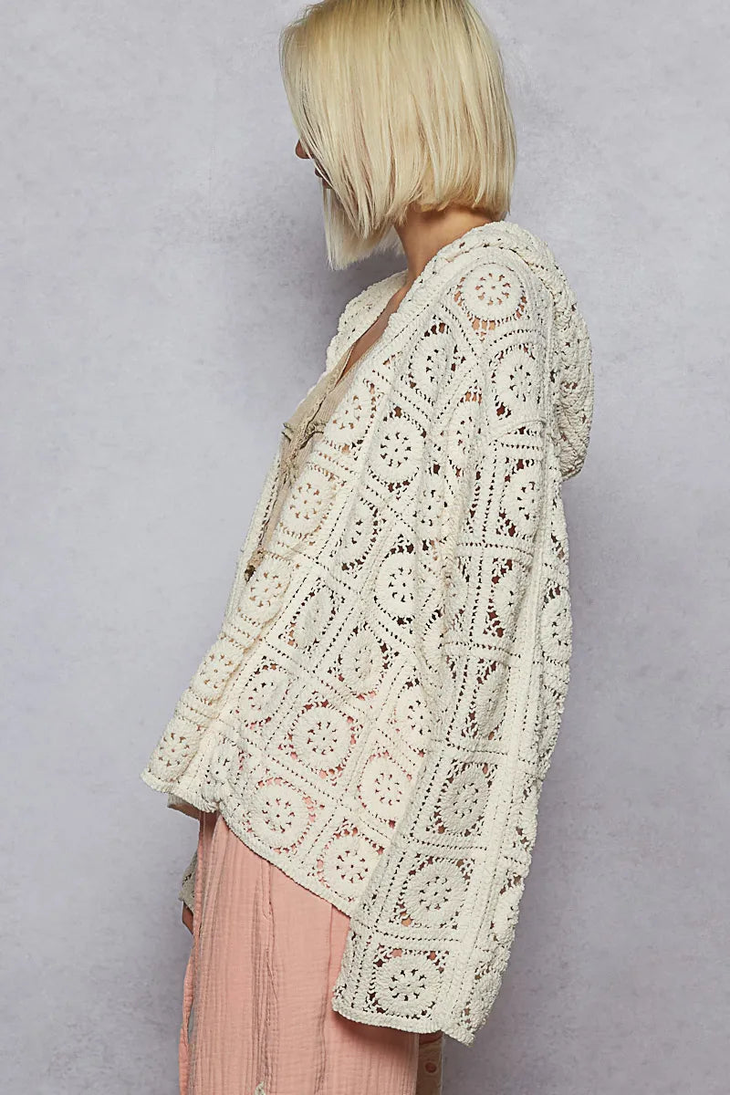 POL Lace Crochet Open Front Hooded Cardigan Cardigans