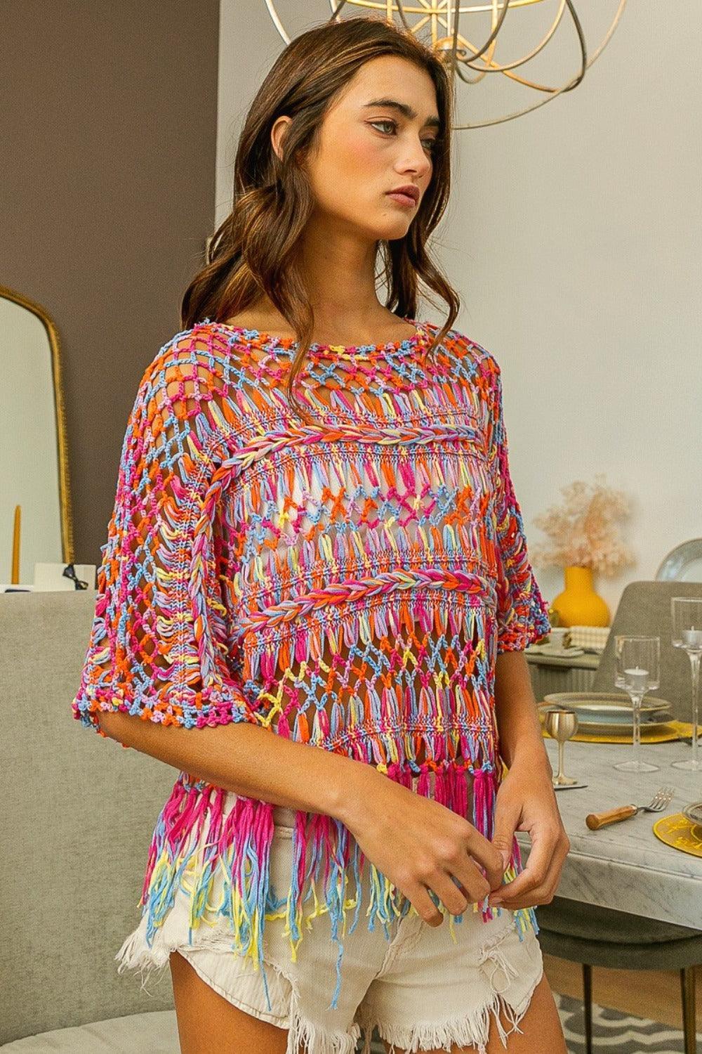BiBi Openwork Fringed Knit Cover Up Cover-Ups