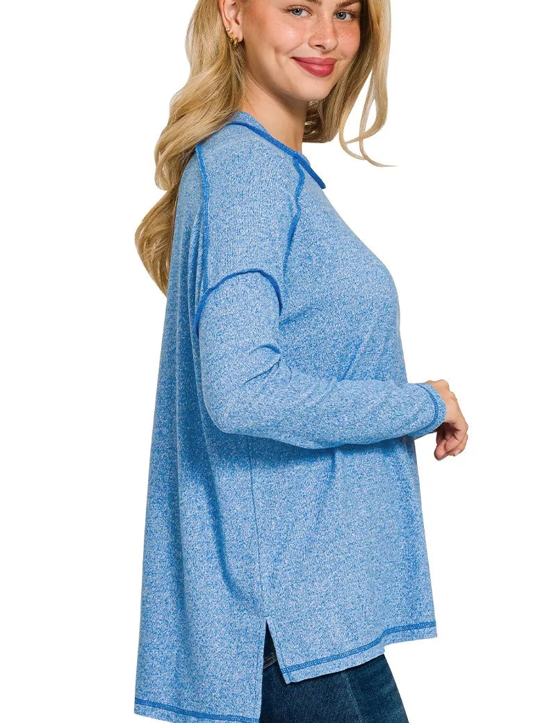 Zenana Full Size Melange Hacci Exposed Seam Hi-low Tee Plus Size | T-Shirts Daverri Fashions