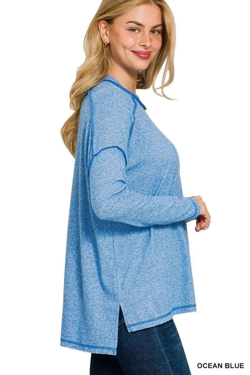 Zenana Full Size Melange Hacci Exposed Seam Hi-low Tee Plus Size - DAVERRI FASHIONS