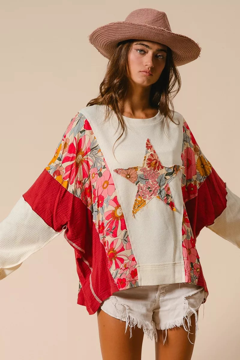 BiBi floral print star patchwork kimono top with frayed hem