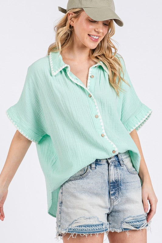 SAGE+FIG Boho Contrast Zigzag Trim Gauze Button-Up Shirt Shirts