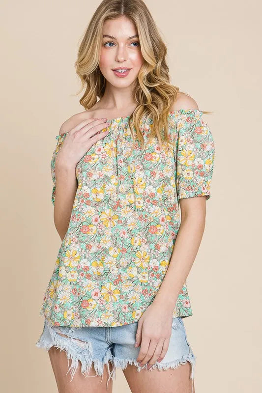 Lime 'N' Chili Floral Print Short Sleeve Off-The-Shoulder Blouse