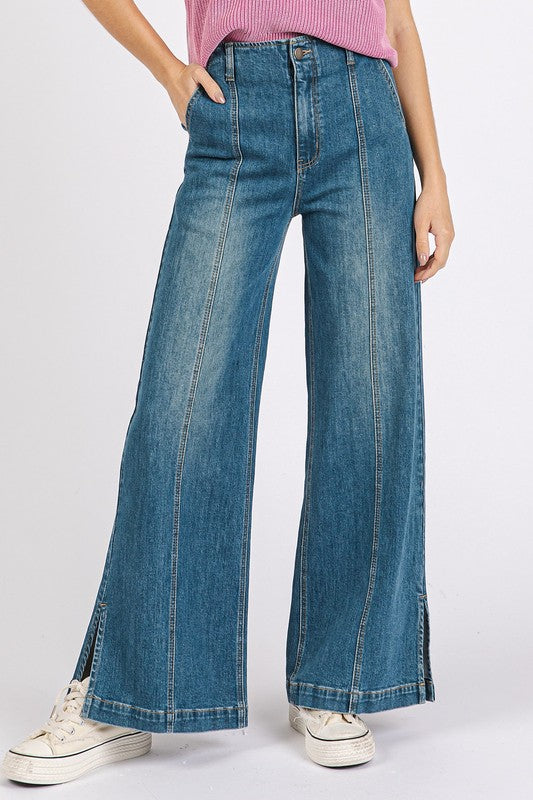 Mittoshop Medium Wash Seam Detail Wide Leg Denim Jeans Medium Jeans