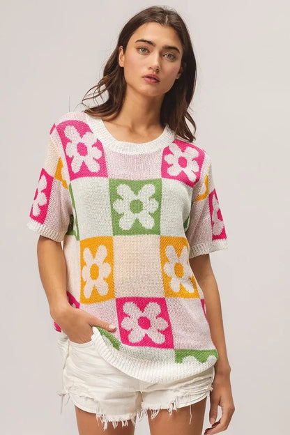 BiBi Flower Checker Pattern Lightweight Sweater Top - DAVERRI FASHIONS