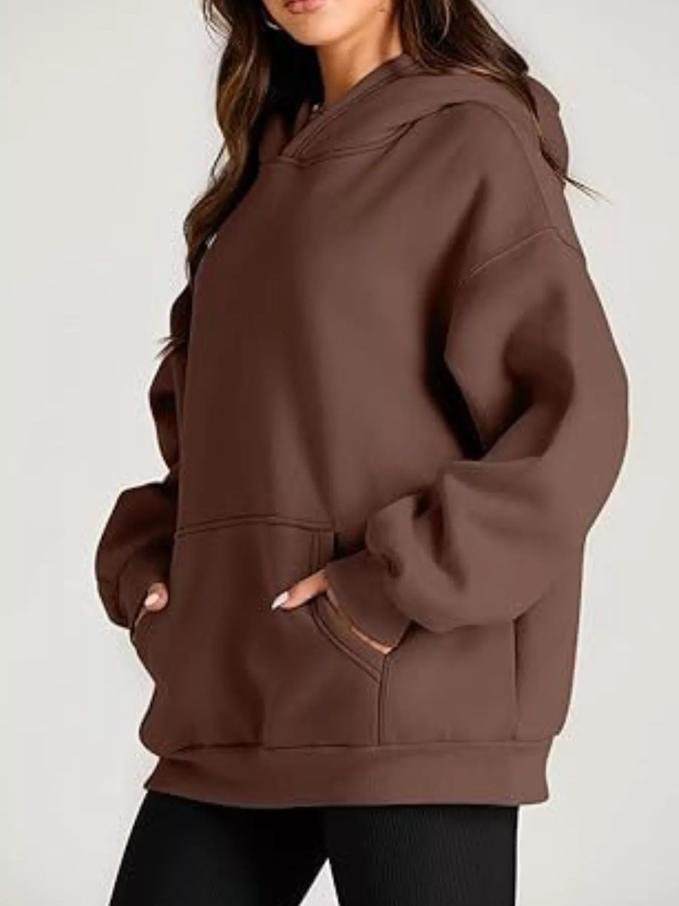 Cozy chocolate-brown oversized kangaroo pocket long sleeve hoodie
