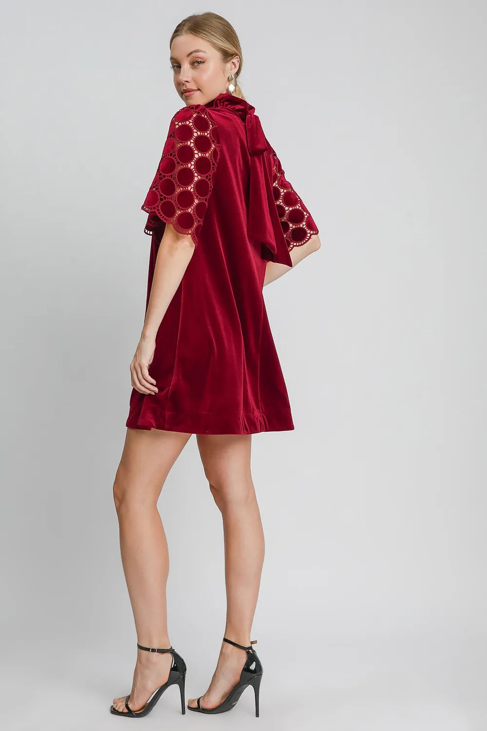 Umgee Dotted Lace Half Sleeve Mock Neck Back Tie Velvet Dress | Mini Dreses Daverri Fashions