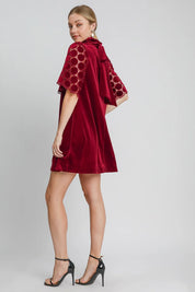 Umgee Dotted Lace Half Sleeve Mock Neck Back Tie Velvet Dress | Mini Dreses Daverri Fashions