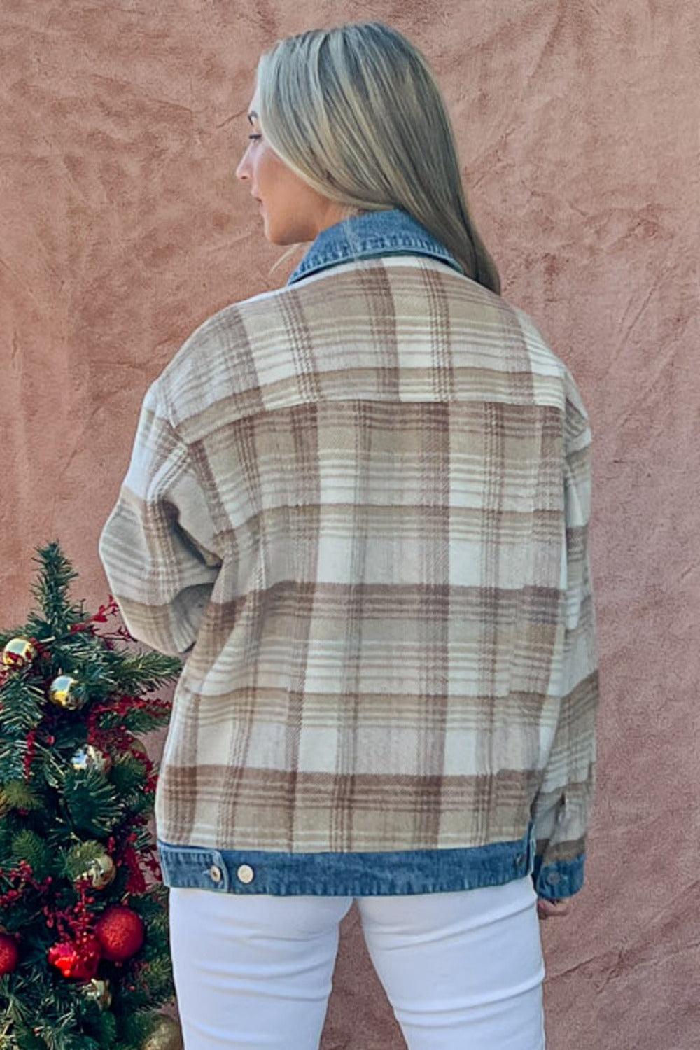 And The Why Full Size Washed Denim Detail Brushed Plaid Jacket | Daverri Fashions
