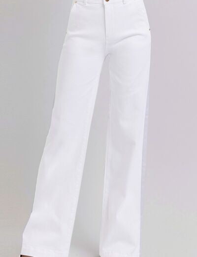 RISEN Full Size Tummy Control Double Button Wide Leg Jeans White