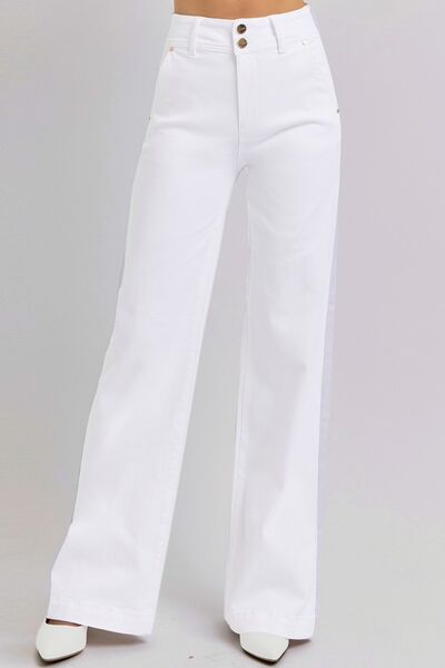 RISEN Full Size Tummy Control Double Button Wide Leg Jeans White Jeans