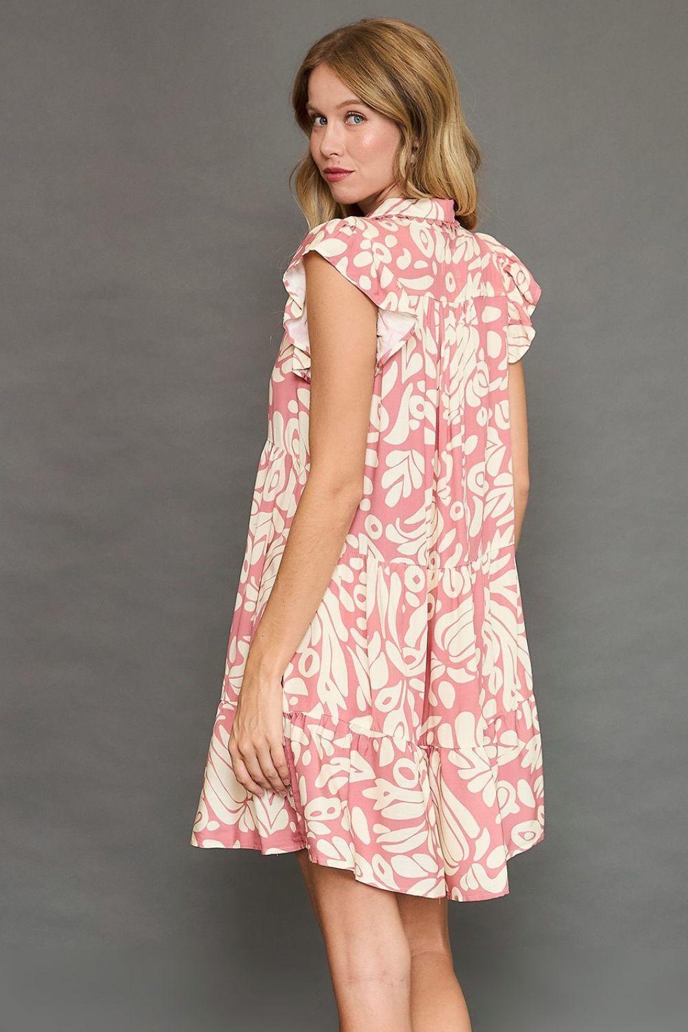 Umgee Full Size Two Tone Printed Ruffled Cap Sleeve Mini Dress Plus Size | Daverri Fashions