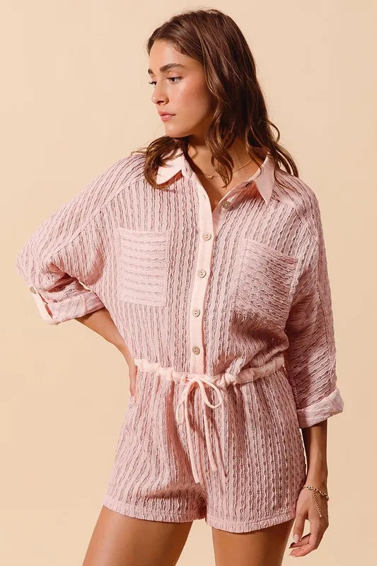 SO ME Textured Knit Button Front Romper Rompers