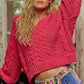 POL Cable-Knit Solid V-Neck Cropped Sweater - DAVERRI FASHIONS