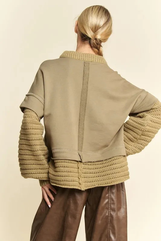 Davi & Dani beige faux layered knit jacket with ribbed collar and crochet cuffs