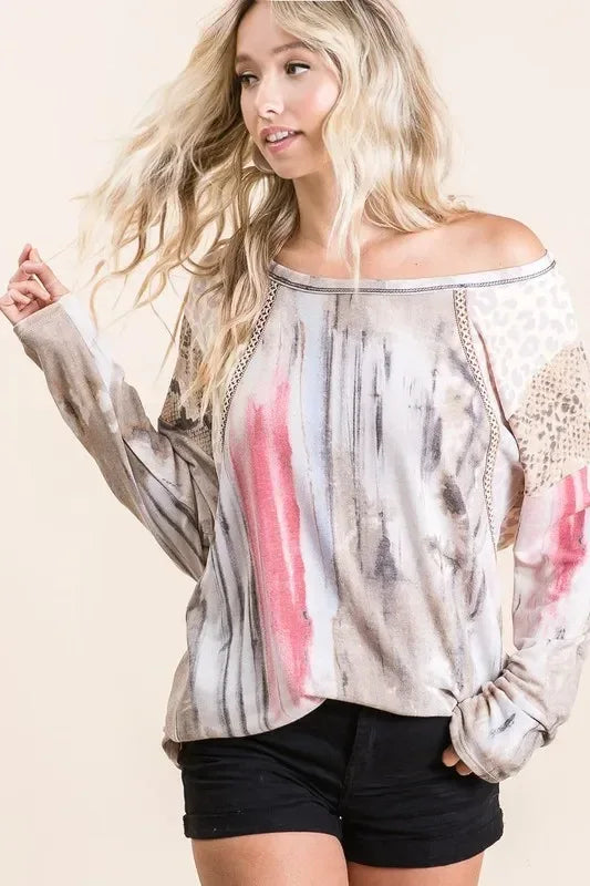 BiBi Tie Dye Knit Top with Print Block Shoulder - DAVERRI FASHIONS