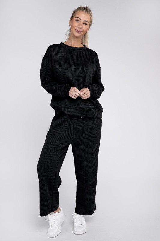 Textured Top and Pants Loungewear Set BLACK L Pants Sets