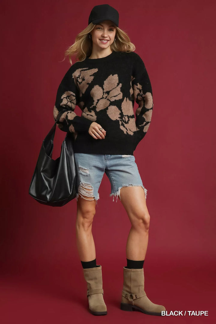 Umgee Floral Long Sleeve Sweater Black | Sweaters Daverri Fashions
