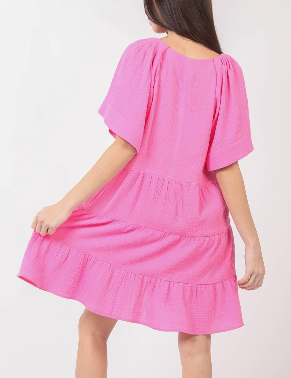 VERY J Texture V-Neck Ruffled Tiered Dress Midi Dresses