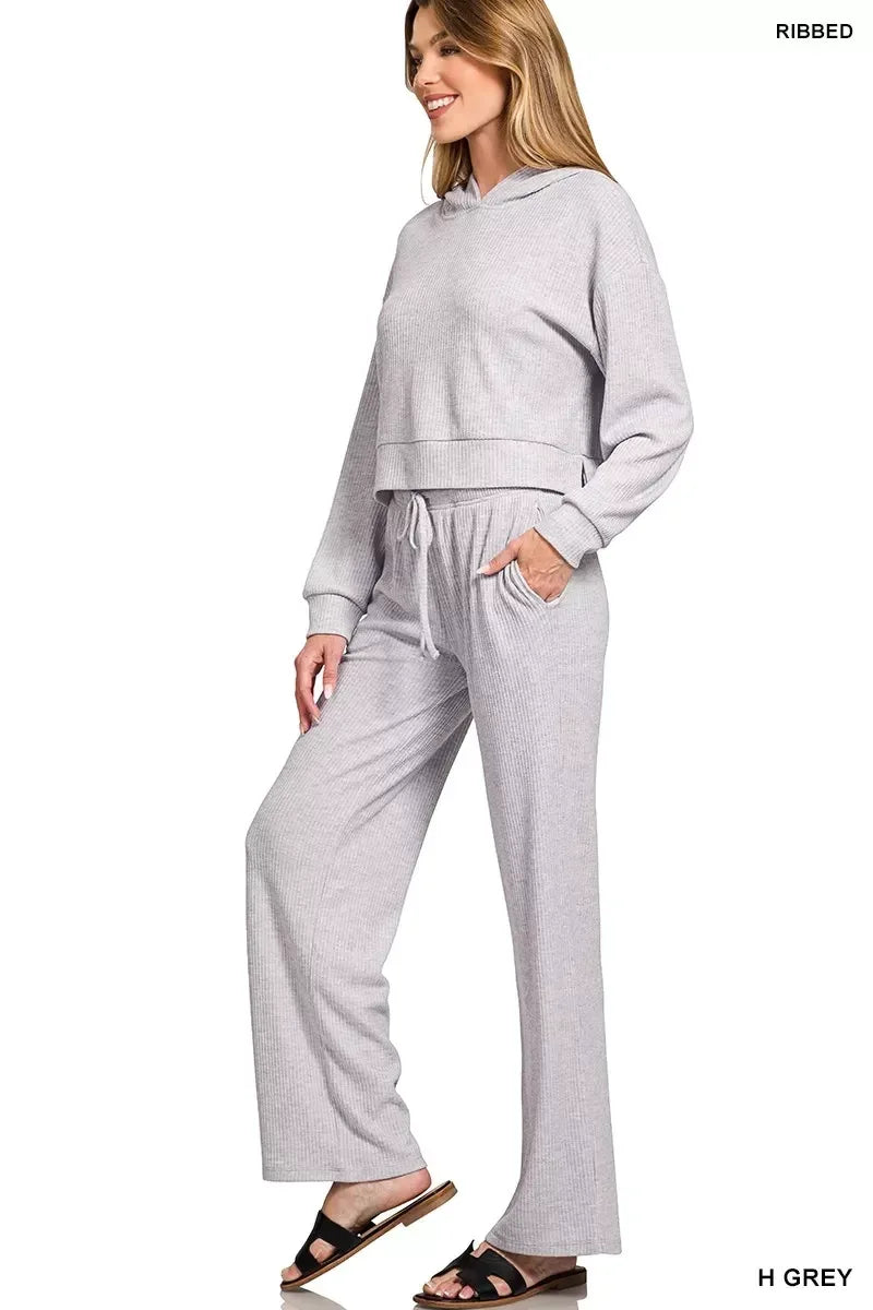 Drop Shoulder Ribbed Crop Hoodie Heather Grey - DAVERRI FASHIONS