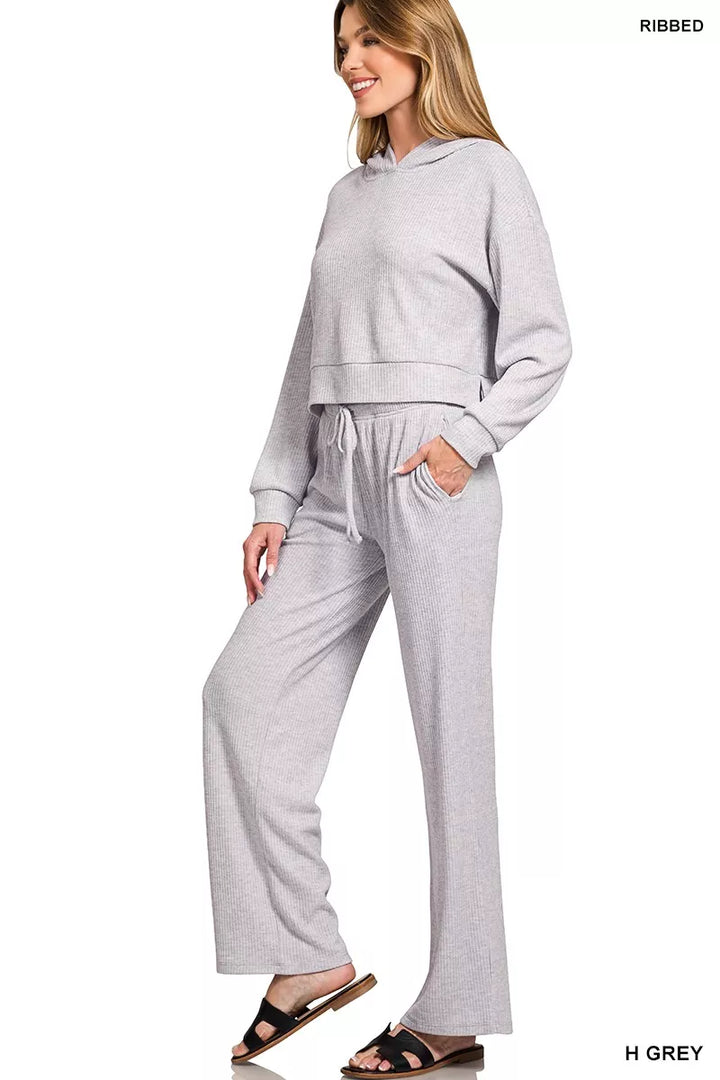 Drop Shoulder Ribbed Crop Hoodie Heather Grey | Hoodies Daverri Fashions