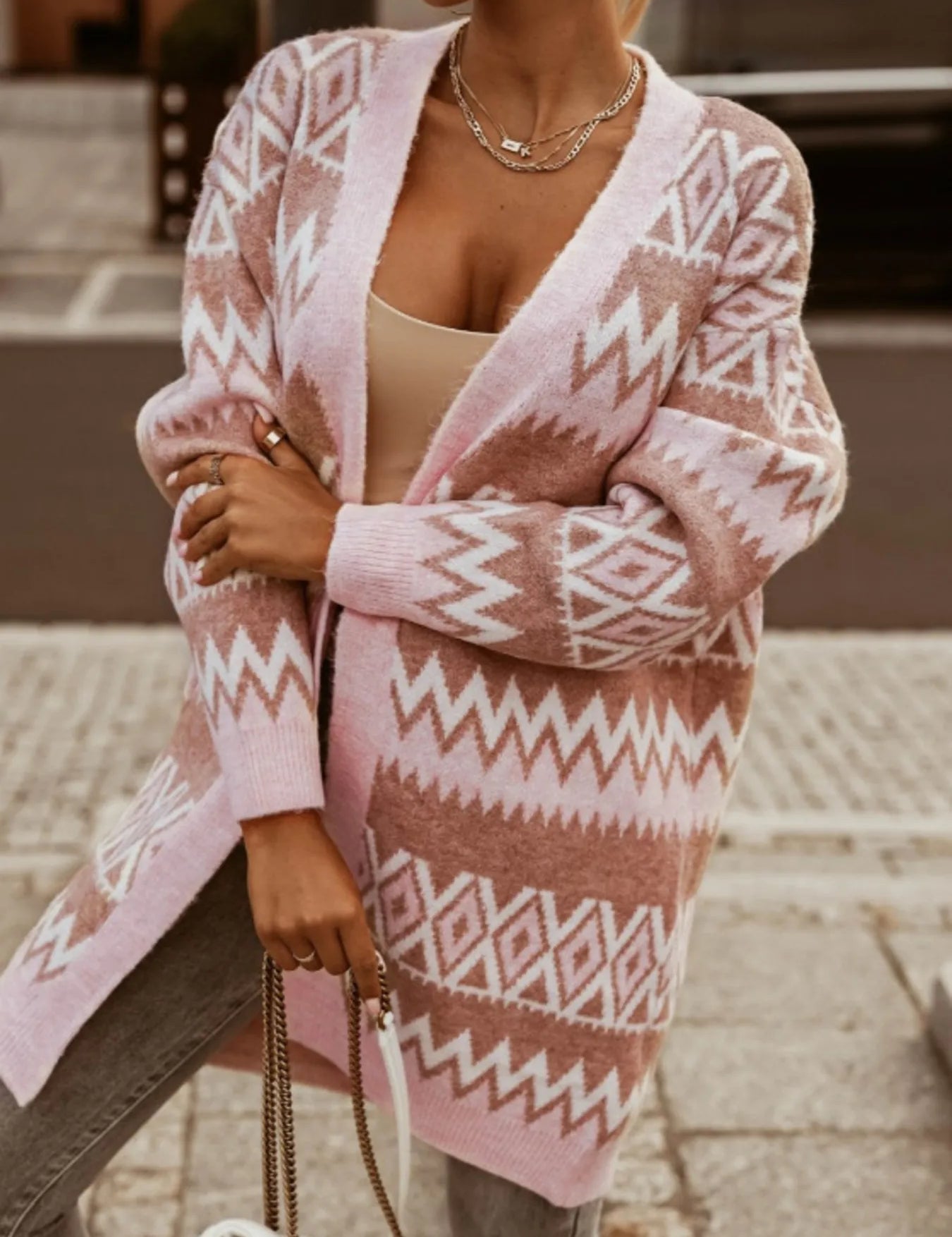 Dusty Pink Bohemian Geometric Pattern Longline Cardigan | Cardigans Daverri Fashions