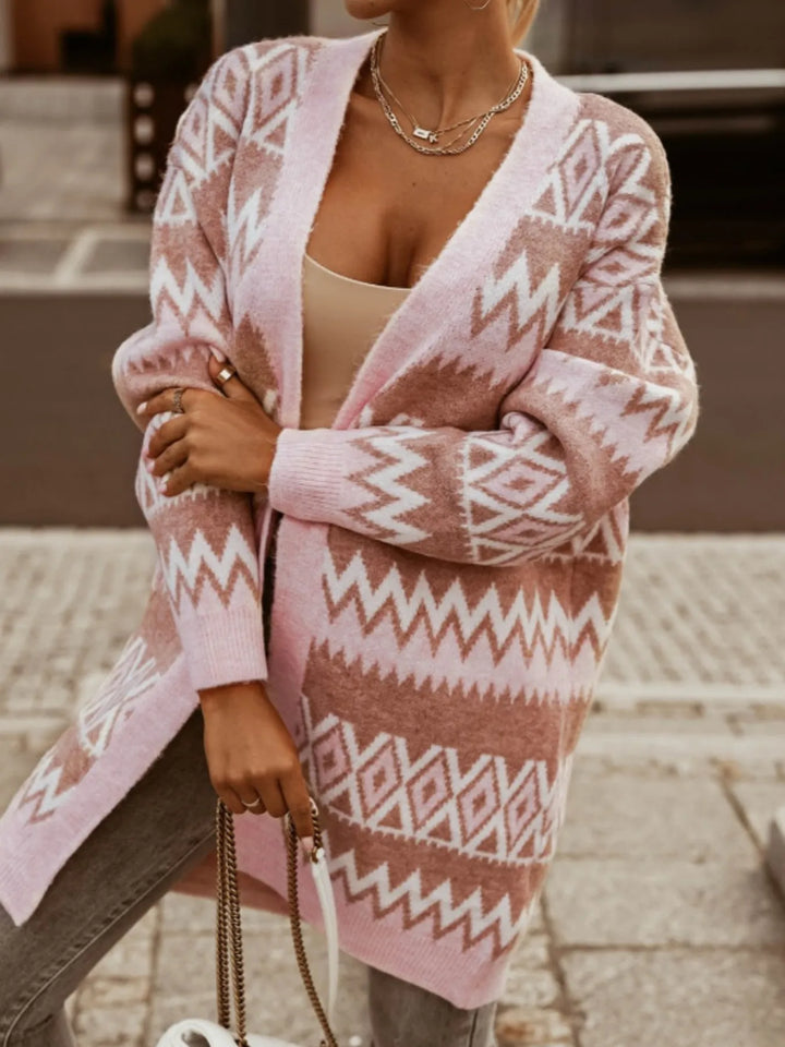 Dusty Pink Bohemian Geometric Pattern Longline Cardigan | Cardigans Daverri Fashions