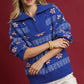 Umgee Floral Patterned Jacquard Quarter-Zip Pullover Sweater Ocean - DAVERRI FASHIONS