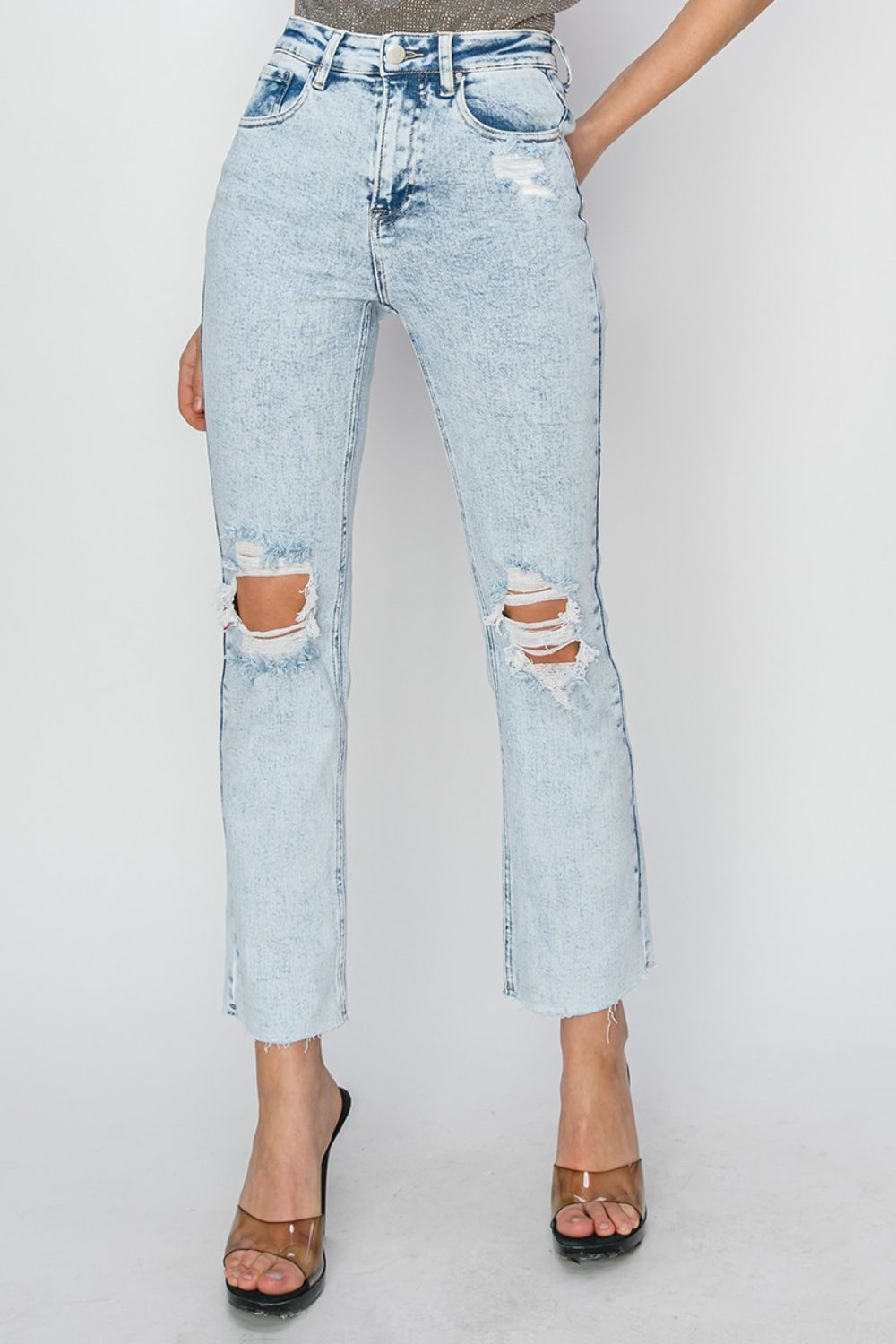 RISEN High Rise Distressed Ankle Jeans Acid Light