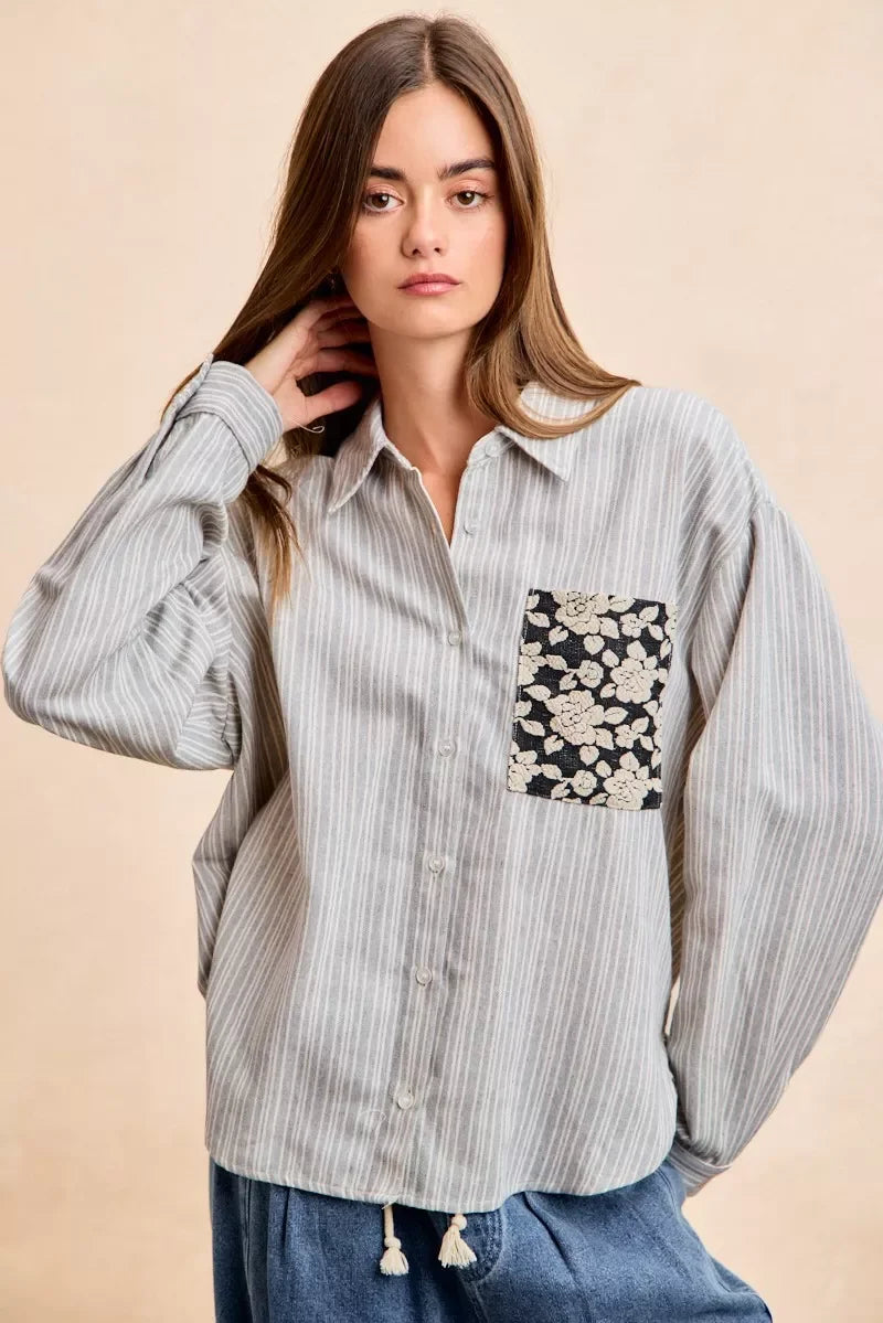 BiBi Flower Jacquard Knit Patch Pocket Stripe Shirt in gray and white