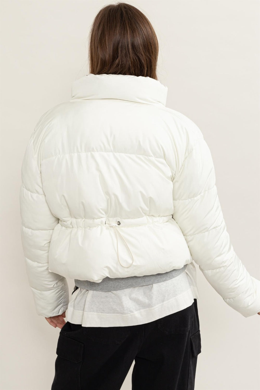 Quilted Back Drawstring Puffer Jacket Tops