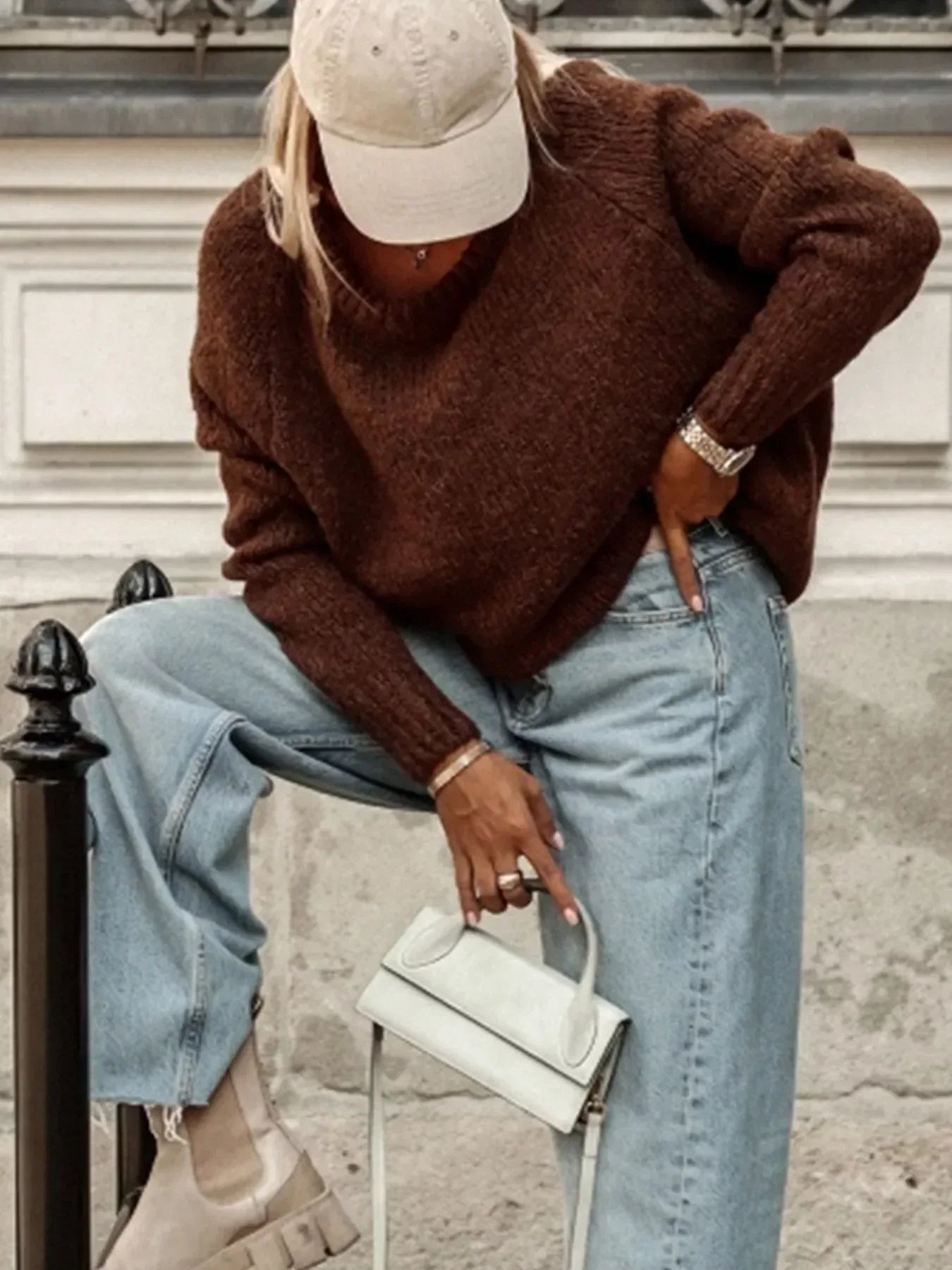 Round Neck Drop Shoulder Sweater - DAVERRI FASHIONS