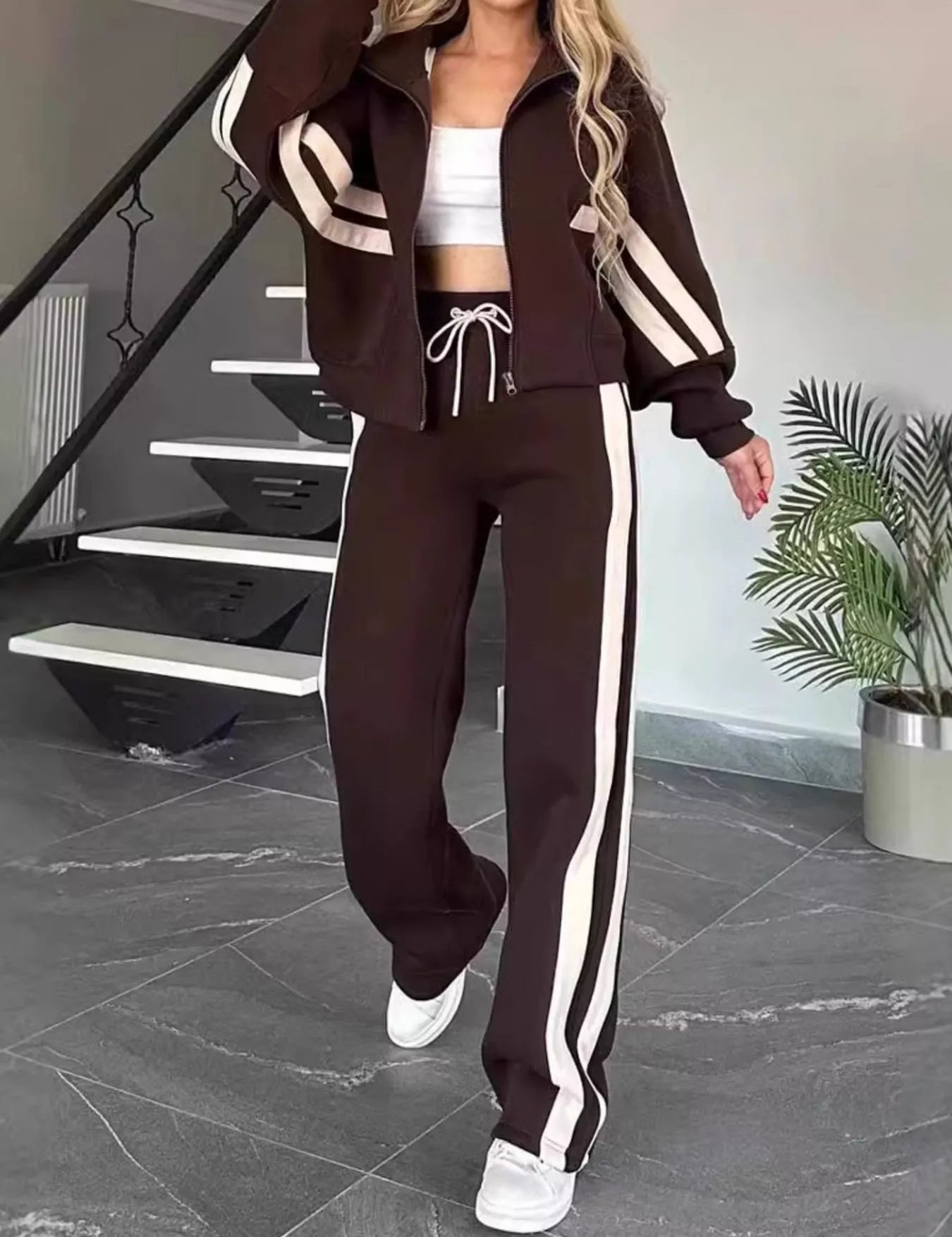 Brown Full Size Contrast Stripe Zip Up Jacket and Pants Set Plus Size | Loungewear Sets Daverri Fashions