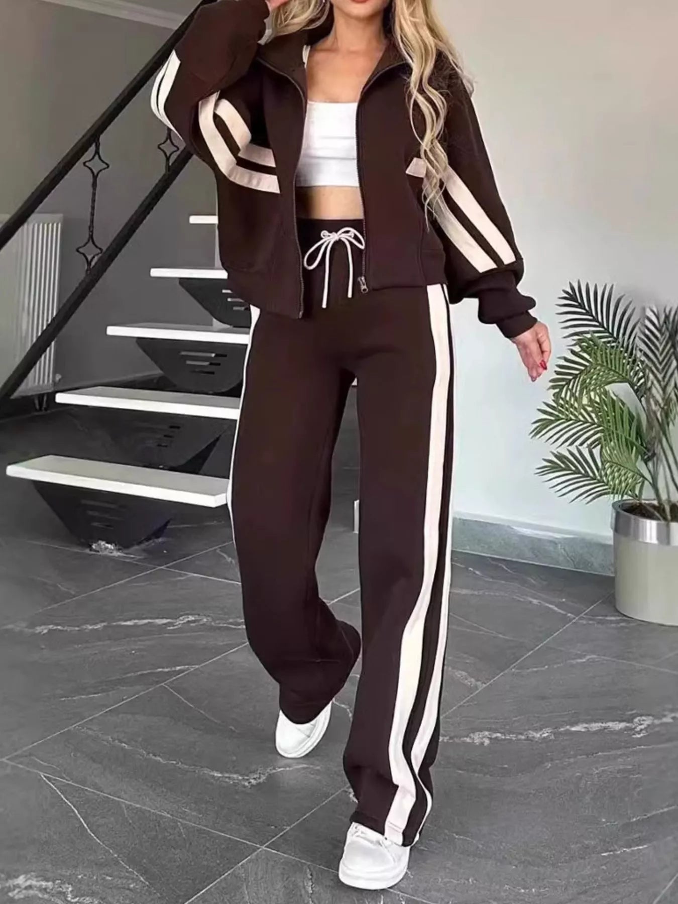 Brown Full Size Contrast Stripe Zip Up Jacket and Pants Set Plus Size | Loungewear Sets Daverri Fashions