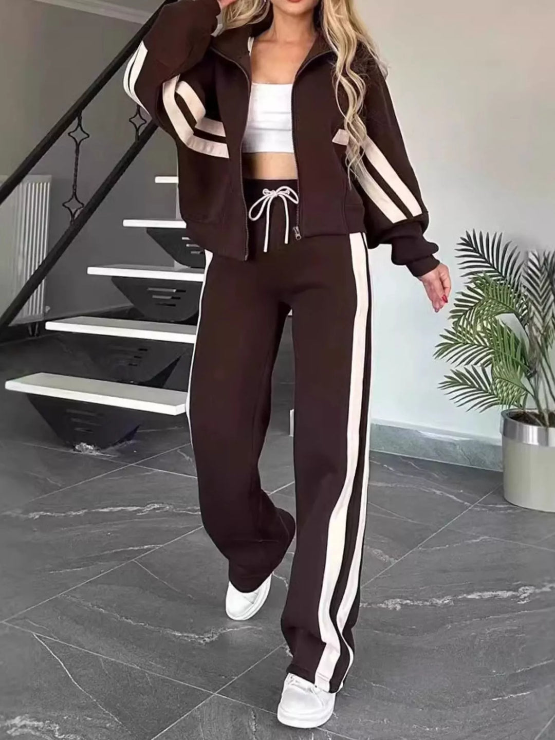 Brown Full Size Contrast Stripe Zip Up Jacket and Pants Set Plus Size | Loungewear Sets Daverri Fashions