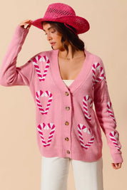 SO ME Christmas Candy Cane Button Front Sweater Cardigan | Cardigans Daverri Fashions