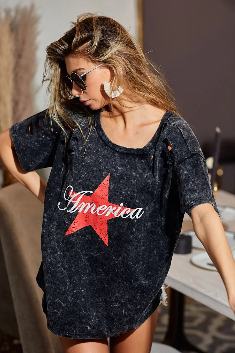 BiBi Laser Cut Mineral Washed Jersey Top with America Tops
